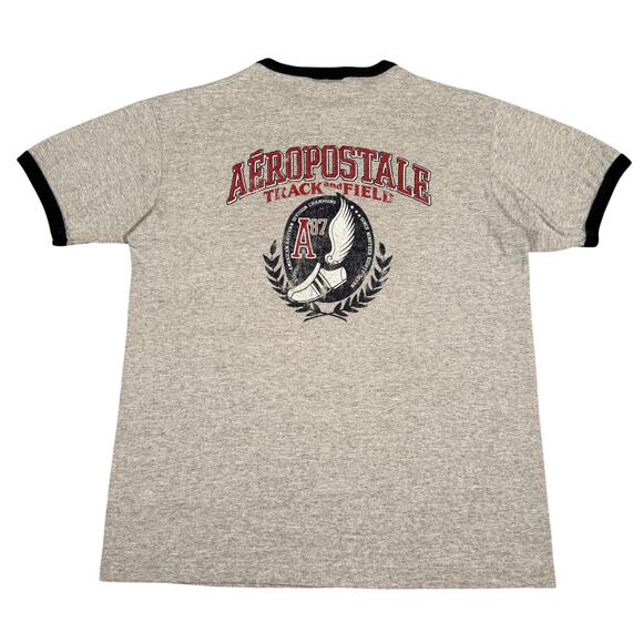 Y2K Aeropostale Ringer T-Shirt Track & Field A87 Logo Gray Black Trim Size M - Picture 1 of 6